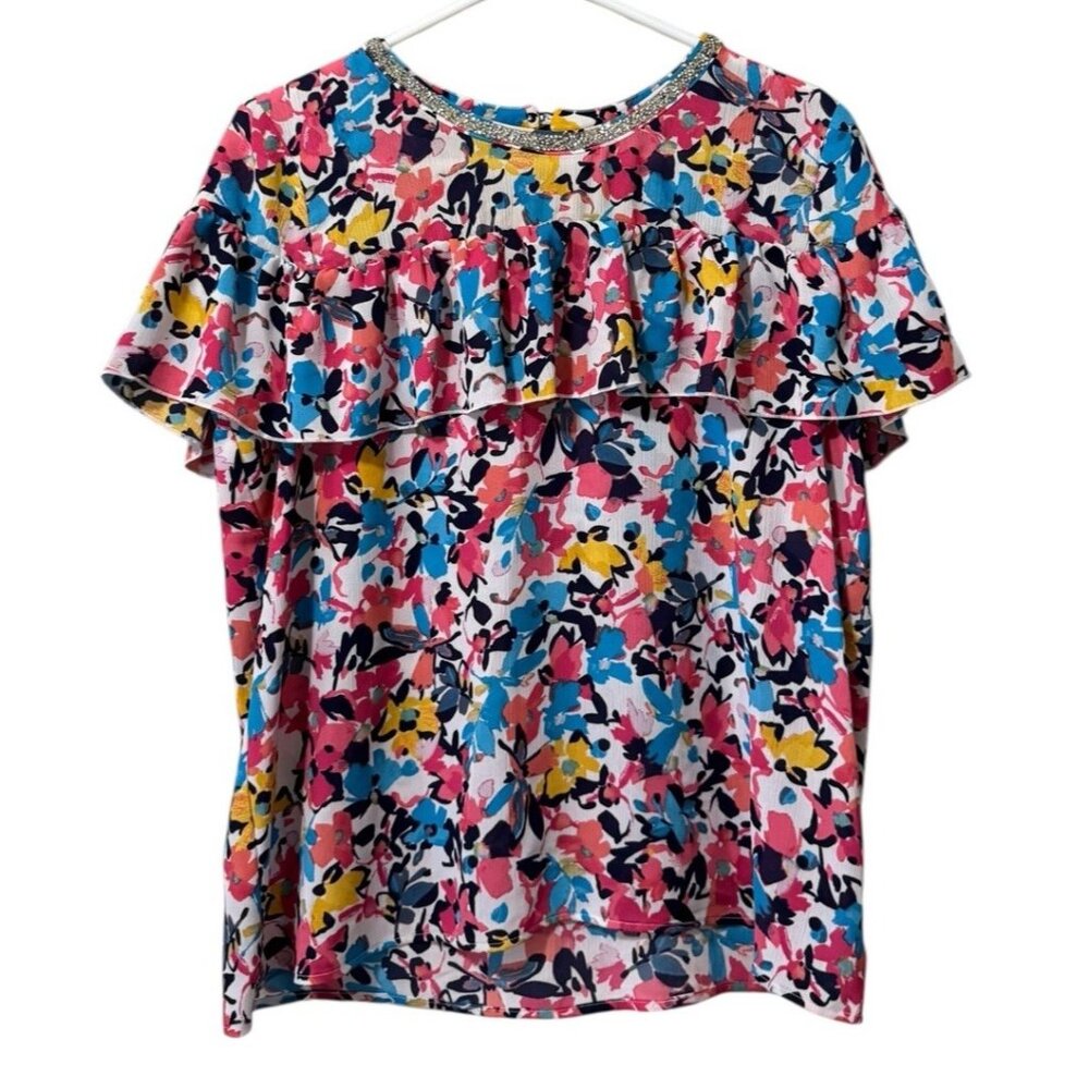 Juicy Couture Short Sleeve Floral Ruffle Shirt Blouse Crystals size Large City